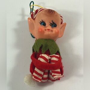Vintage Pixie Elf 1960s Japan Red & Green Christmas Ornament Knee Hugger 3”